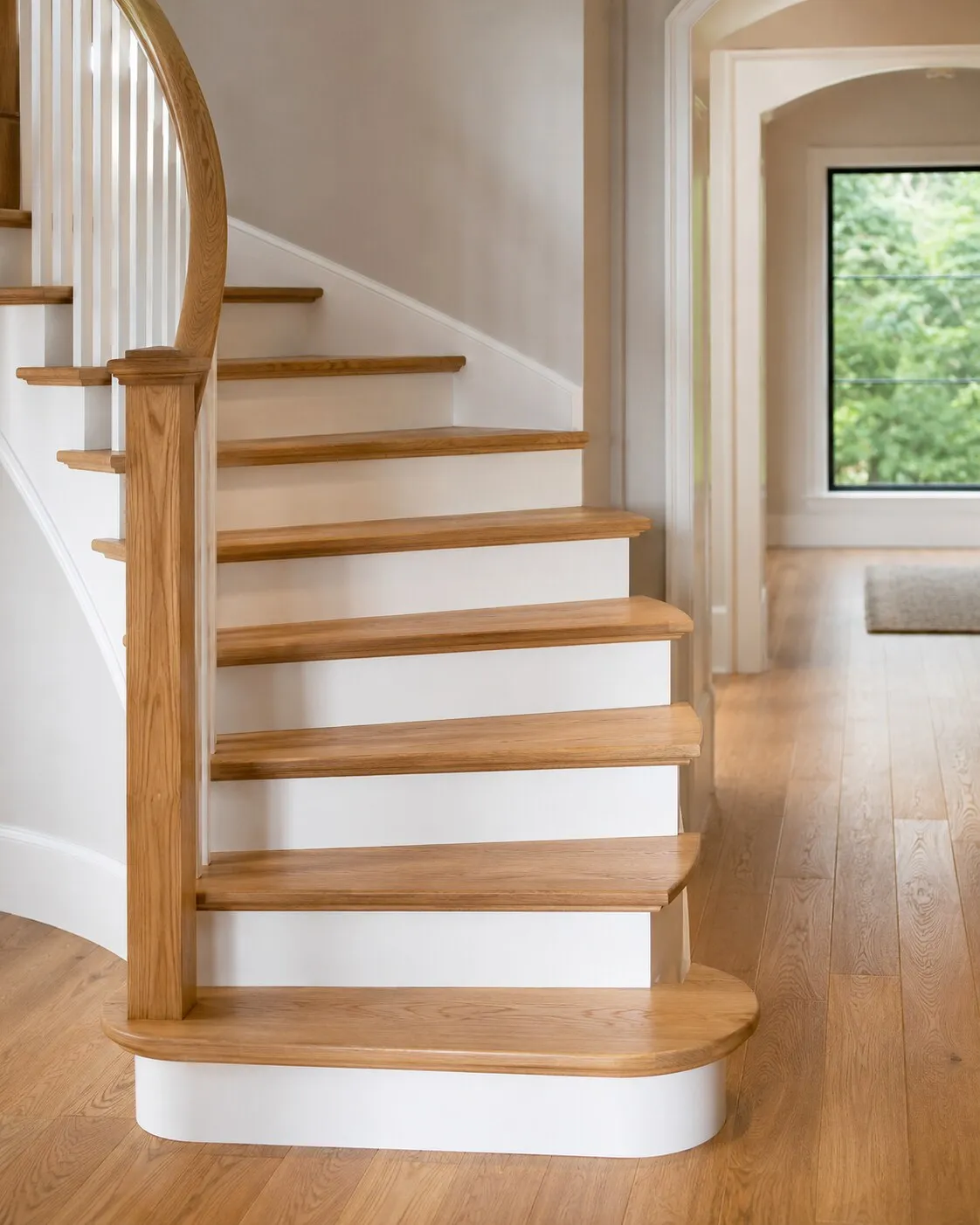 Finished hardwood staircase and flooring in a bright home